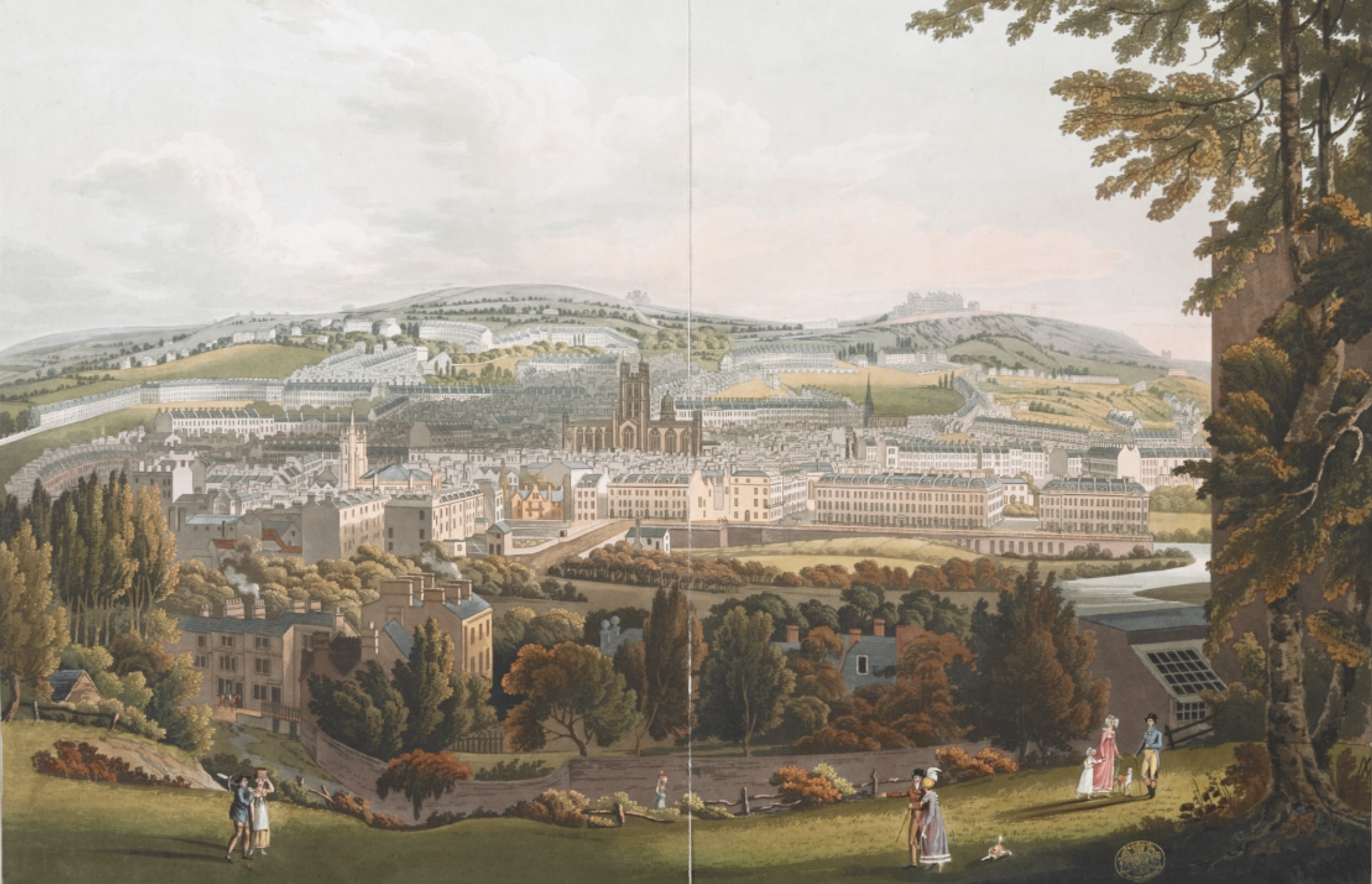 Engraving from the eighteenth century of the city of Bath as seen from a distance
