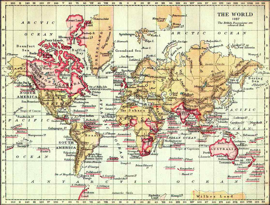 Map of the world in 1897, with British imperial possessions noted in red